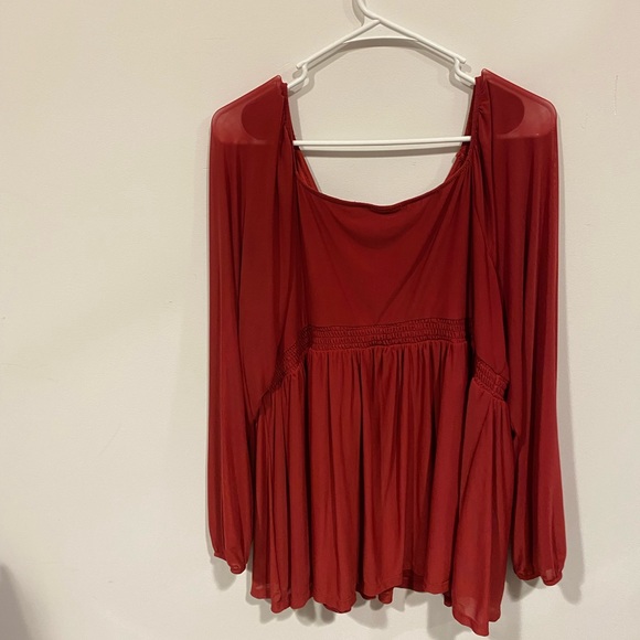 Torrid Dark Red‎ Burnt Orange Mesh Peasant Babydoll Top Size 2 - Picture 4 of 8